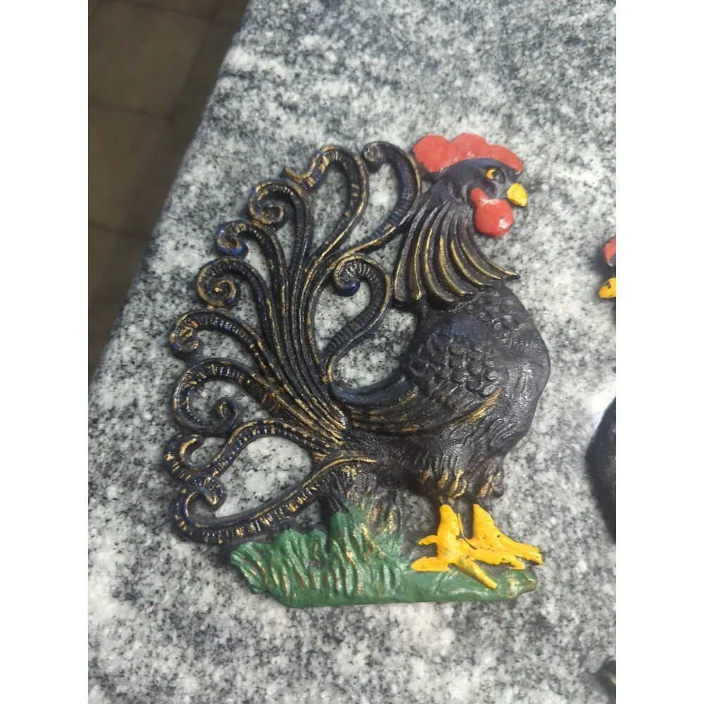 2 Vintage Cast Iron Roosters Wall Hangings Black Farmhouse Farm Chicken Decor